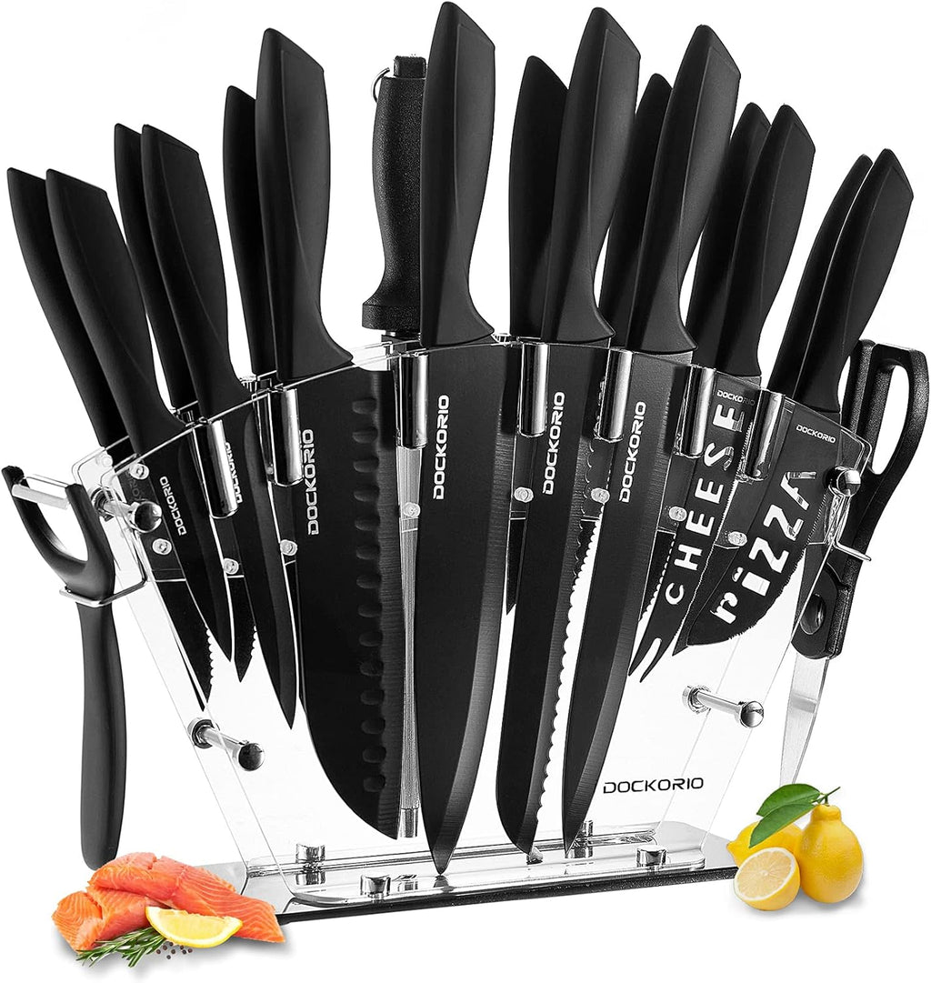 Kitchen Knife Set with Block, 19 PCS High Carbon Stainless Steel Sharp includes Serrated Steak Knives Set, Chef Knives, Bread Knife, Scissor, Sharpener, all in one