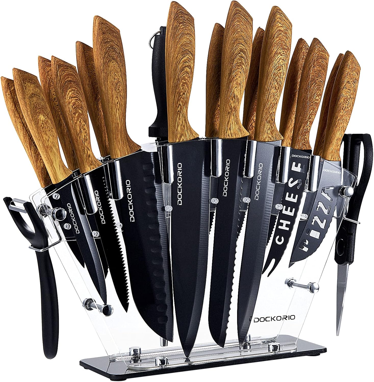 Kitchen Knife Set with Block, 19 PCS High Carbon Stainless Steel Sharp includes Serrated Steak Knives Set, Chef Knives, Bread Knife, Scissor, Sharpener, all in one